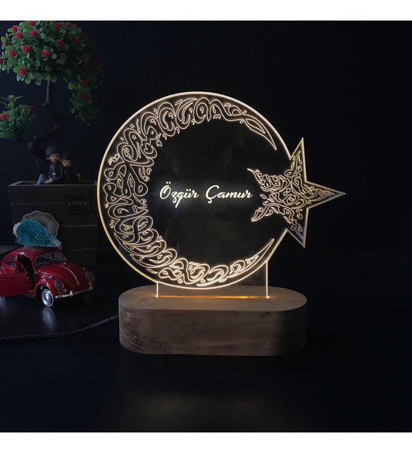 Desenli Ay Yıldız Bayrak Tasarım 3D Led Gece Lambası