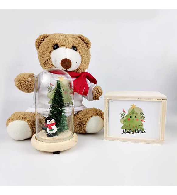 Sevgiliye Hediye Yılbaşı Ayıcıklı Çam Ağacı Tasarımlı Fincan Ve Led Işıklı Cam Fanus Noel Çam Ağacı