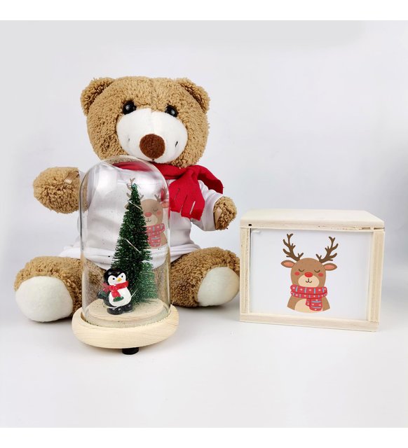Sevgiliye Hediye Yılbaşı Ayıcıklı Sevimli Geyik Tasarımlı Fincan Ve Led Işıklı Cam Fanus Noel Çam Ağacı